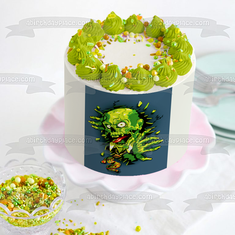 Zombie Cartoon Breaking Out of Wall Edible Cake Topper Image ABPID06784