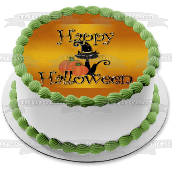 Feliz Halloween Calabazas y un gato negro con sombrero de bruja Adorno comestible para tarta Imagen ABPID06901 