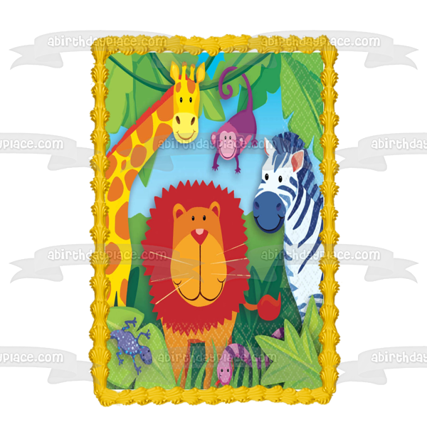 Jungle Animals Safari Giraffe Lion Zebra Monkey Lizard and a Snake Edible Cake Topper Image ABPID06793