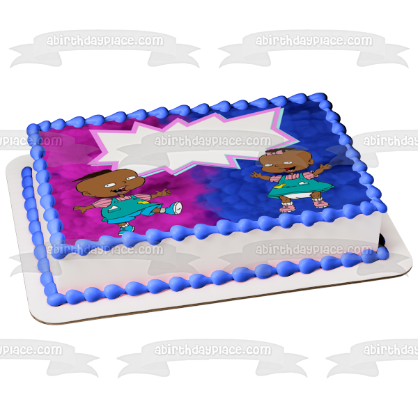 Marco de imagen comestible para decoración de tarta con revelación de género de Rugrats afroamericanos de Phil o Lil ABPID55283 