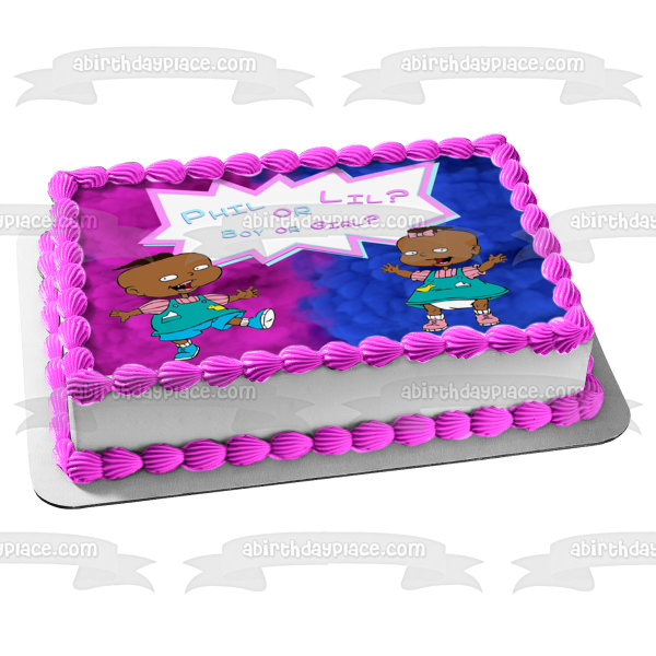 Marco de imagen comestible para decoración de tarta con revelación de género de Rugrats afroamericanos de Phil o Lil ABPID55283 