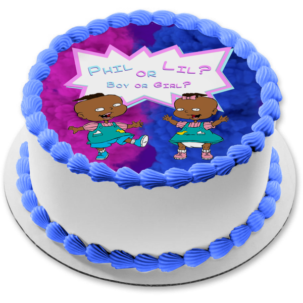 Marco de imagen comestible para decoración de tarta con revelación de género de Rugrats afroamericanos de Phil o Lil ABPID55283 