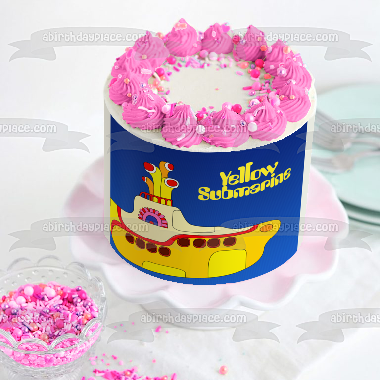 Imagen comestible para decoración de tarta con logotipo de submarino amarillo y fondo azul ABPID07016 