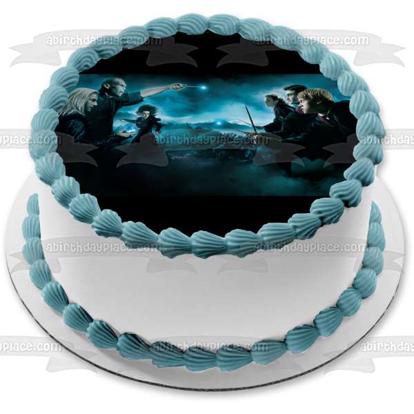 Harry Potter Hermione Granger Ron Weasley Serverus Snape y Draco Malfoy volando con varitas de bruja adorno comestible para tarta imagen ABPID06945 