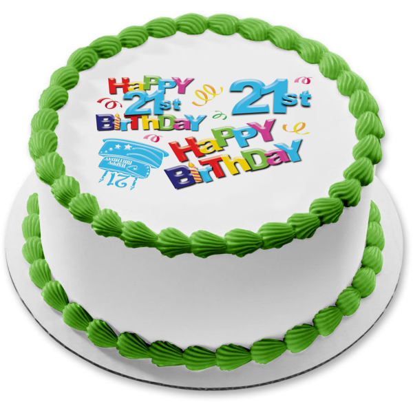 Happy 21st Birthday Cake Streamers and Candles Edible Cake Topper Image ABPID07029