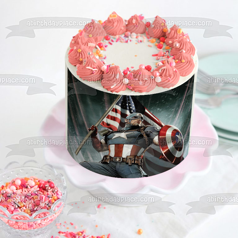 Captain America Sheild and an American Flag Edible Cake Topper Image ABPID07030