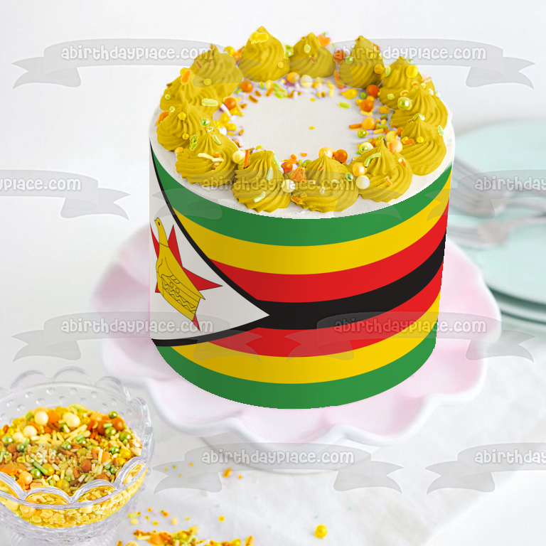 Flag of Zimbabwe Green Yellow Red Black Stripes Zimbabwe Bird Edible Cake Topper Image ABPID06969