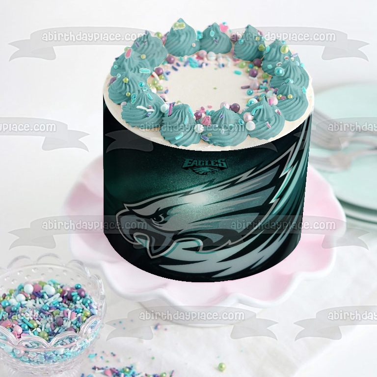 Imagen comestible para decoración de tarta con el logotipo de los Philadelphia Eagles de la NFL y fondo negro ABPID07034 