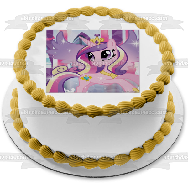 Adorno comestible para tarta con fondo de rayas moradas y rosa de la princesa Candence de My Little Pony, imagen ABPID07040 