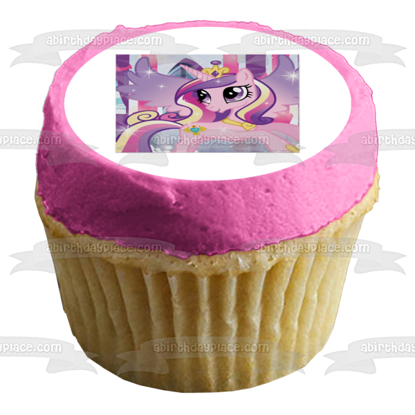 Adorno comestible para tarta con fondo de rayas moradas y rosa de la princesa Candence de My Little Pony, imagen ABPID07040 