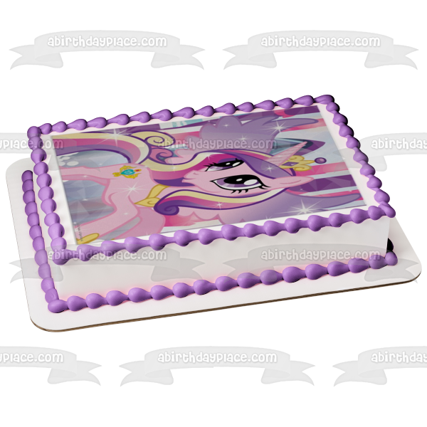 Adorno comestible para tarta con fondo de rayas moradas y rosa de la princesa Candence de My Little Pony, imagen ABPID07040 