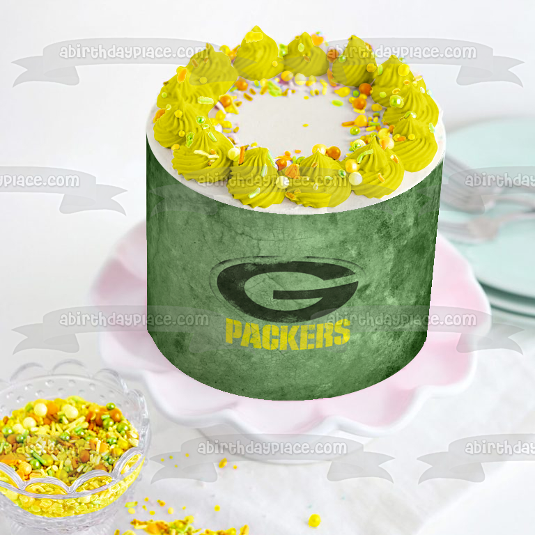 Imagen comestible para decoración de tarta con el logotipo de los Green Bay Packers de la NFL sobre un fondo verde ABPID07054 