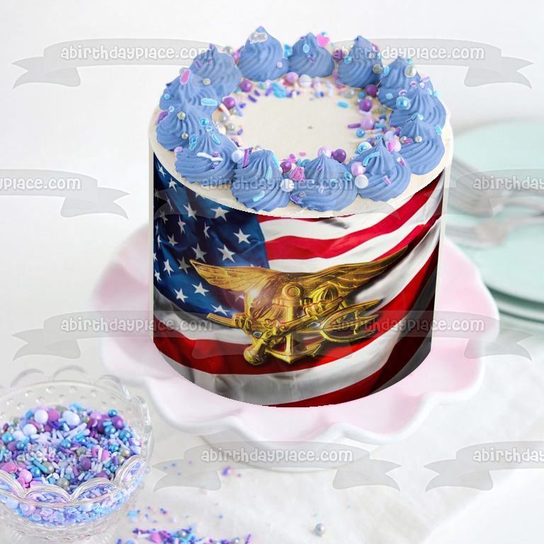 Adorno comestible para tarta con sello de la Marina de los Estados Unidos y la bandera estadounidense, imagen ABPID07071 