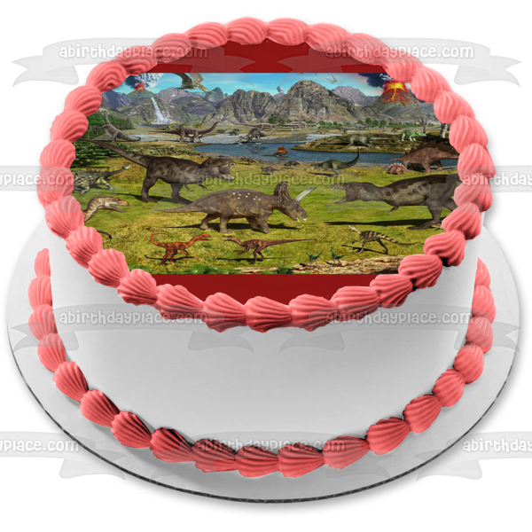 Dinosaurios Roaming Volcano Brontosaurus Tyrannosaurus Rex Velociraptor y Ankylosaurian Edible Cake Topper Imagen ABPID07072 