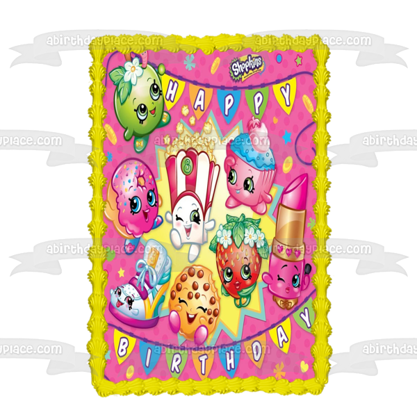 Shopkins Apple Blossom Strawberry Kiss Kooky Cookie Lippy Lips Poppy Corn D'Lish Donut Cupcake Chic and Sneaky Wedge Edible Cake Topper Image ABPID07122