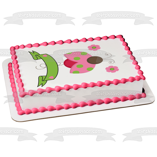 Imagen de decoración comestible para tarta con flores de mariquita rosa y una pancarta verde ABPID07141 