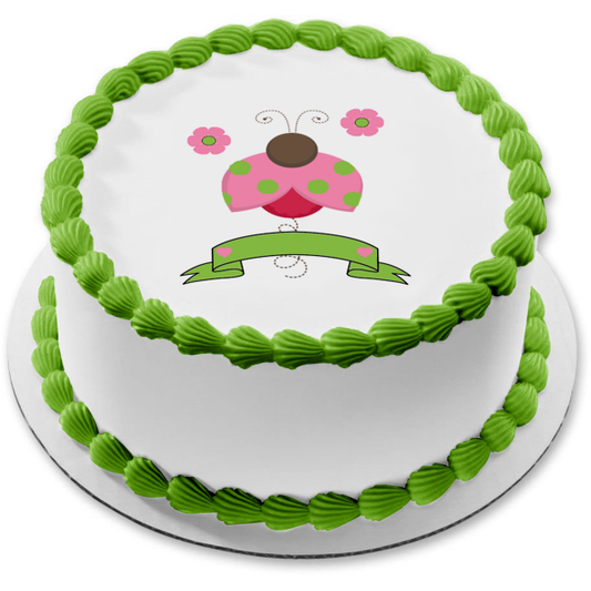 Imagen de decoración comestible para tarta con flores de mariquita rosa y una pancarta verde ABPID07141 