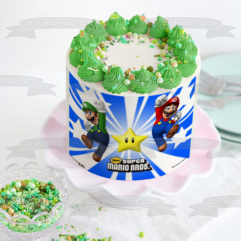 Nuevo Super Mario Brothers Luigi y una estrella amarilla adorno comestible para tarta imagen ABPID07154 