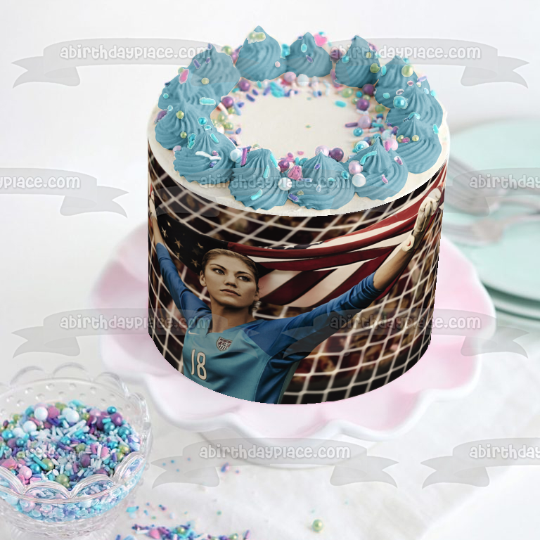 Hope Solo - Portero de fútbol femenino, medallista de oro olímpico con una bandera estadounidense, decoración comestible para tarta, imagen ABPID07318 