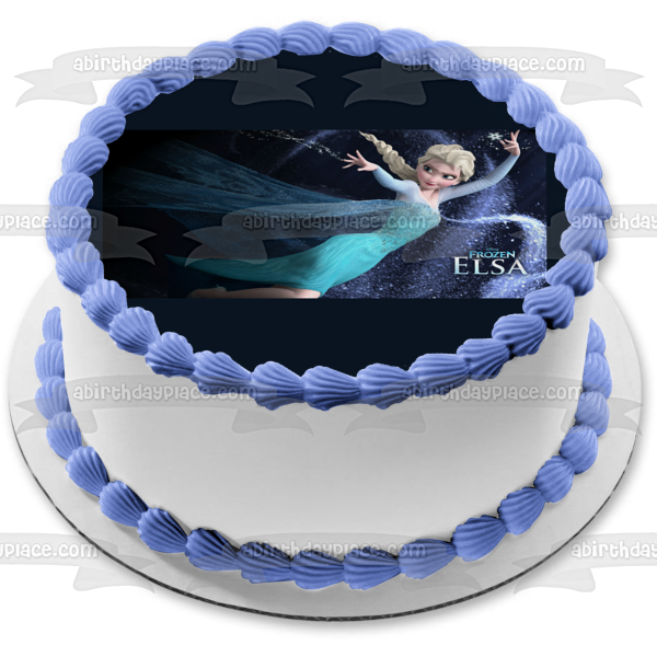 Frozen Elsa Casting Snowflakes with a Black Background Edible Cake Topper Image ABPID07160