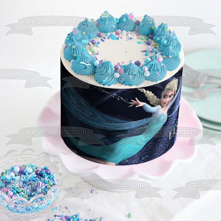 Frozen Elsa Casting Snowflakes with a Black Background Edible Cake Topper Image ABPID07160