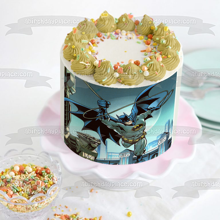 Batman Flying Over Gotham City Moonlight Edible Cake Topper Image ABPID07244