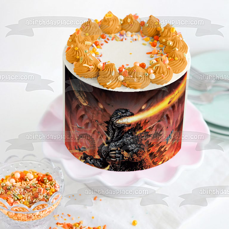 Godzilla Breathing Fire Airplanes and Helicopters Edible Cake Topper Image ABPID07394