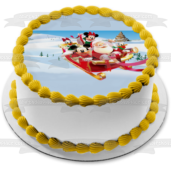 Mickey Mouse Merry Christmas Minnie Mouse Donald Duck Sleigh Daisy Duck Snow and Santa Clause Edible Cake Topper Image ABPID07278