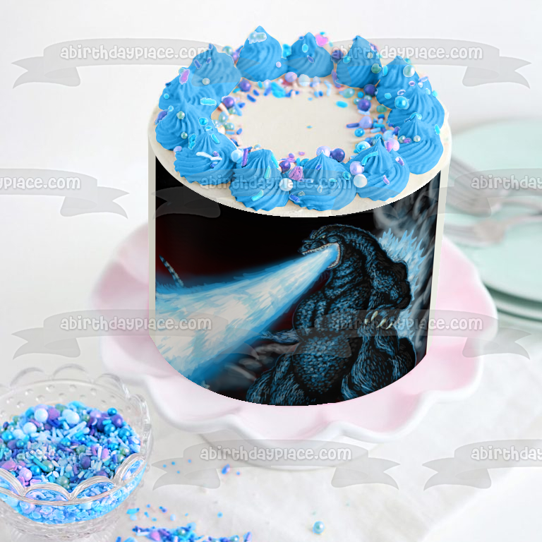 Godzilla Rey de los Monstruos Respirando Fuego Azul Imagen comestible para decoración de tarta ABPID07291 