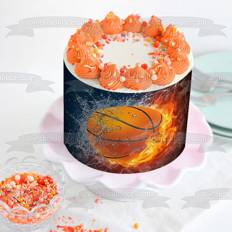 Imagen comestible para decoración de tarta de baloncesto, fuego y hielo, ABPID07628 