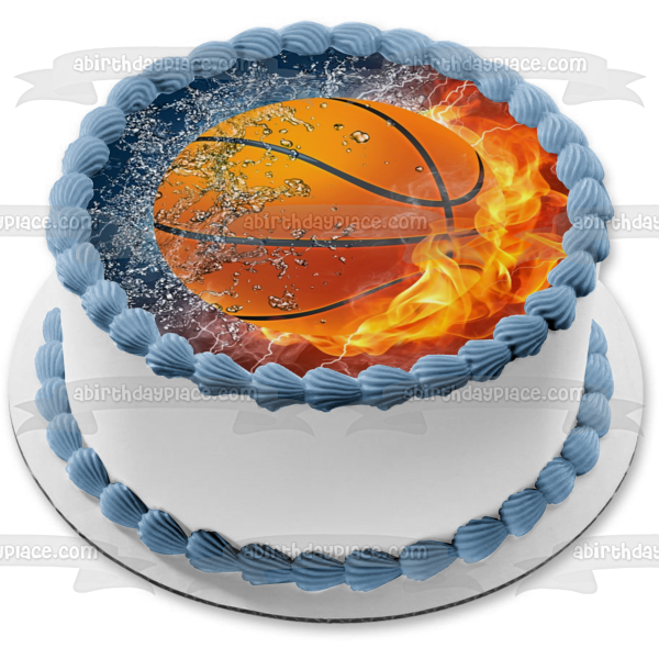 Imagen comestible para decoración de tarta de baloncesto, fuego y hielo, ABPID07628 