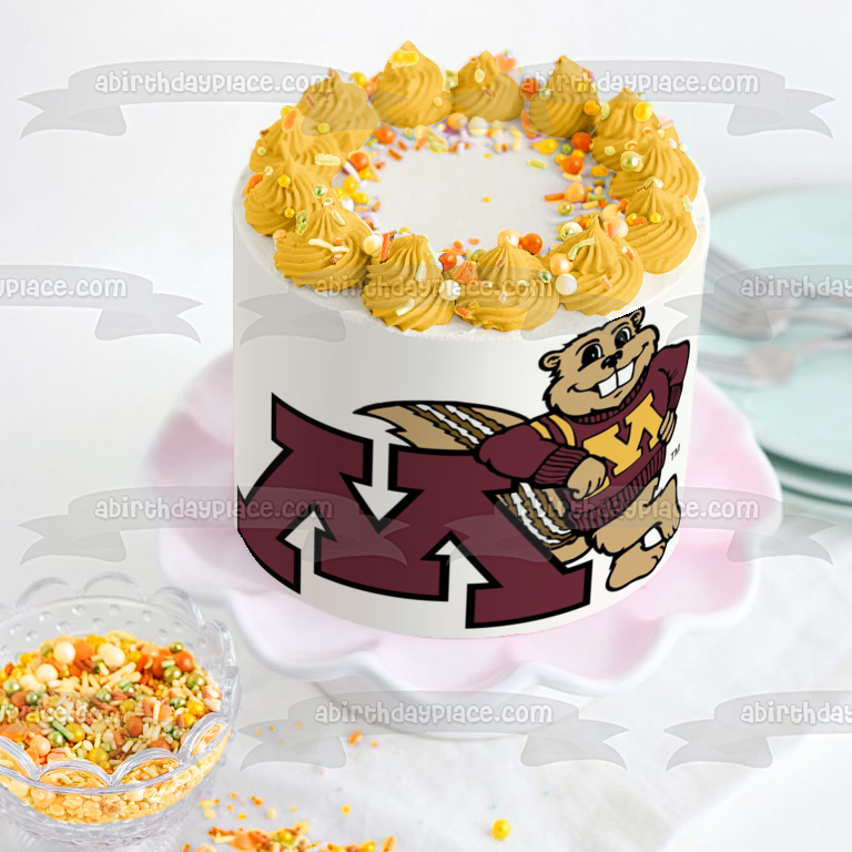 Logotipo de la Universidad de Minnesota con decoración comestible para tarta Goldy Gopher, imagen ABPID07634 