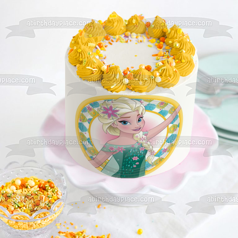 Imagen de decoración comestible para tarta con copos de nieve y girasoles de Frozen Elsa ABPID07636 