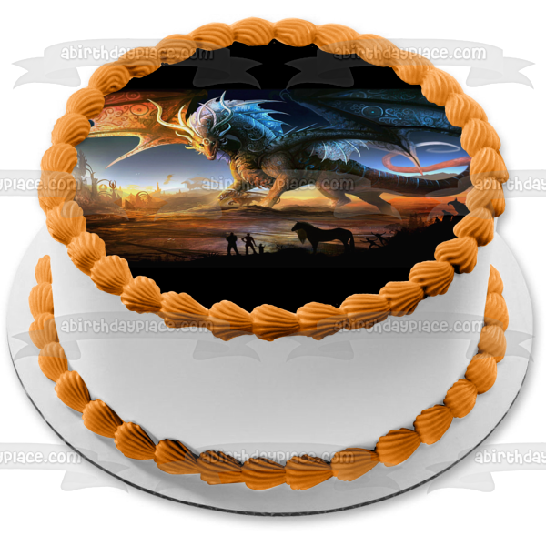 Dragon Fantasy Horses and Human Figures Edible Cake Topper Image ABPID07494