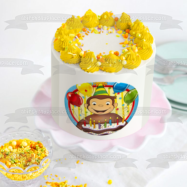 Jorge el Curioso Feliz Cumpleaños Pastel Fiesta Sombrero y Globos Imagen comestible para pastel ABPID07669 