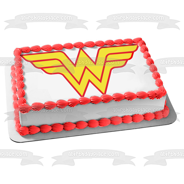 Adorno comestible para tarta con el logotipo de Wonder Woman, rojo y amarillo, imagen ABPID07677 