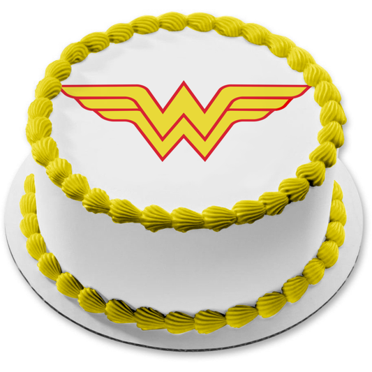 Adorno comestible para tarta con el logotipo de Wonder Woman, rojo y amarillo, imagen ABPID07677 