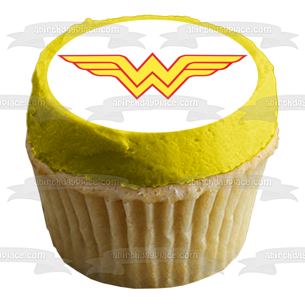 Adorno comestible para tarta con el logotipo de Wonder Woman, rojo y amarillo, imagen ABPID07677 