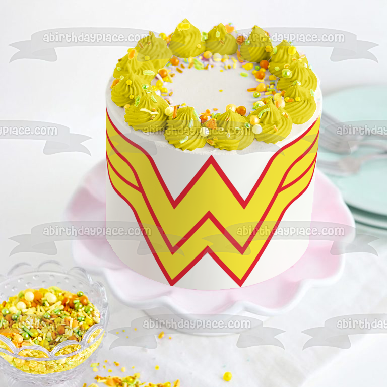 Adorno comestible para tarta con el logotipo de Wonder Woman, rojo y amarillo, imagen ABPID07677 