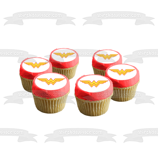 Adorno comestible para tarta con el logotipo de Wonder Woman, rojo y amarillo, imagen ABPID07677 