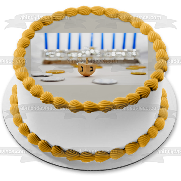 Feliz Hanukkah Dreidel y una menorá imagen comestible para decoración de tarta ABPID07688 