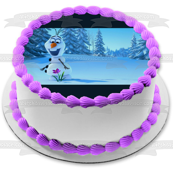 Adorno comestible para tarta con árboles nevados y flores moradas de Frozen Olaf, imagen ABPID07700 