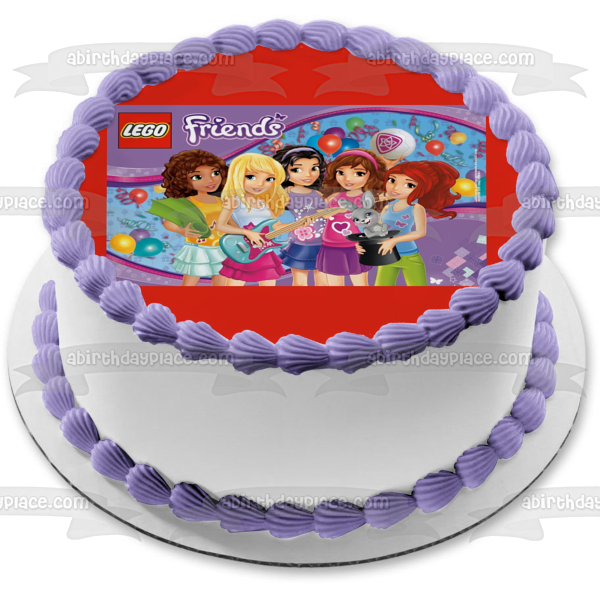 LEGO Friends Logo Stephanie Mia Andrea Emma Olivia and Balloons Edible Cake Topper Image ABPID07724