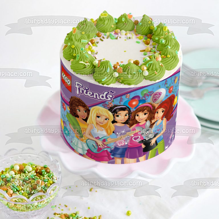 LEGO Friends Logo Stephanie Mia Andrea Emma Olivia and Balloons Edible Cake Topper Image ABPID07724