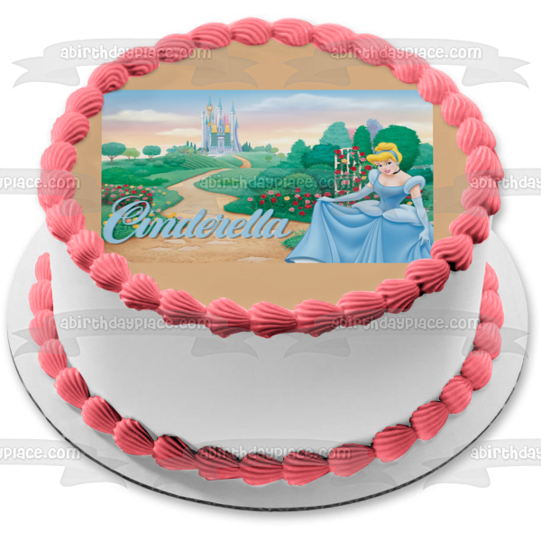 Imagen comestible para tarta con diseño de princesa Cenicienta, vestido de baile, castillo, flores, ABPID07576 