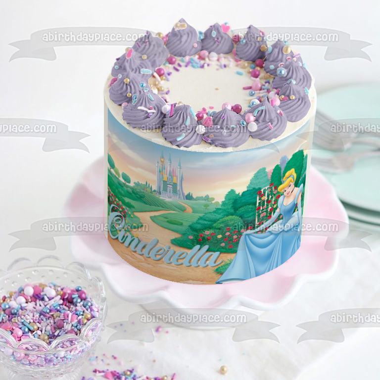 Imagen comestible para tarta con diseño de princesa Cenicienta, vestido de baile, castillo, flores, ABPID07576 