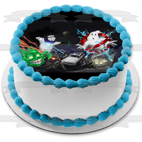 Imagen de adorno comestible para tarta con el logotipo de los Cazafantasmas Stay Puff Marshmallow Man y Slimer ABPID07599 