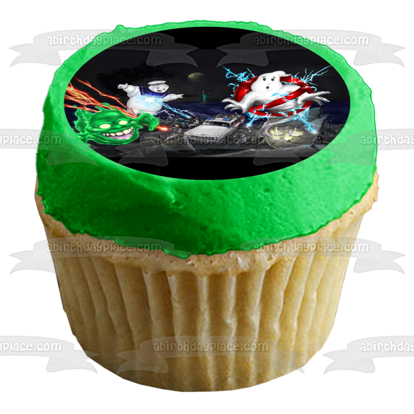 Imagen de adorno comestible para tarta con el logotipo de los Cazafantasmas Stay Puff Marshmallow Man y Slimer ABPID07599 