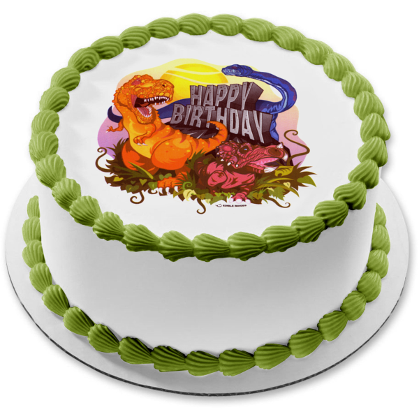 Dinosaur Cartoon Happy Birthday Sun and Grass Edible Cake Topper Image ABPID07900