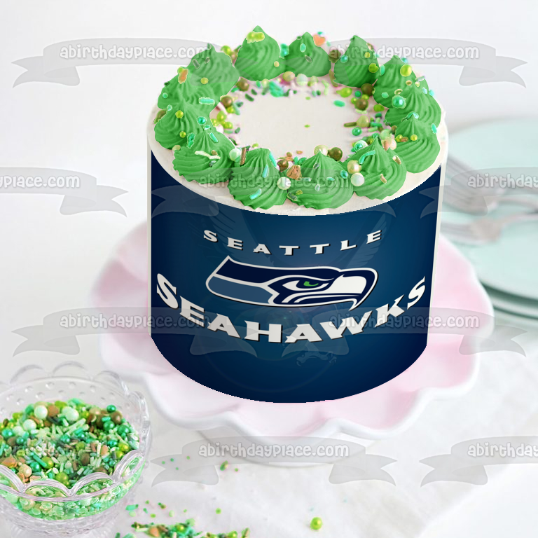 Imagen comestible para decoración de tarta con el logotipo de los Seattle Seahawks de la NFL, fondo azul, ABPID07774 